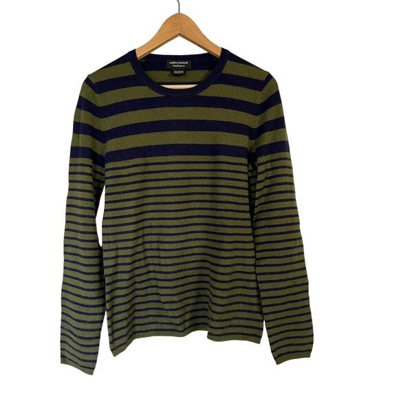 Lord & Taylor 100% Cashmere Pullover Striped Sweater Women's Size L Green Blue - Picture 1 of 11